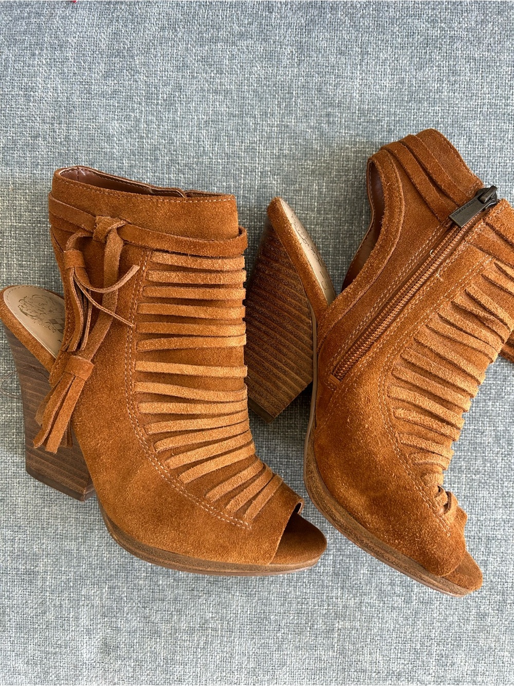 Vince Camuto Cognac Suede Fringe Peep-Toe Block Heel Booties